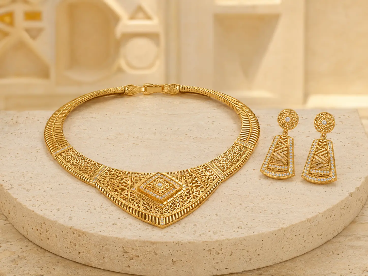 Parure d’Or Reine du Sahel avec collier et boucles d’oreilles