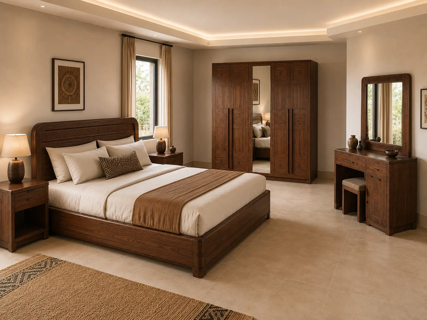 Ensemble chambre Suite Noyer du Sahel avec lit, armoire et coiffeuse