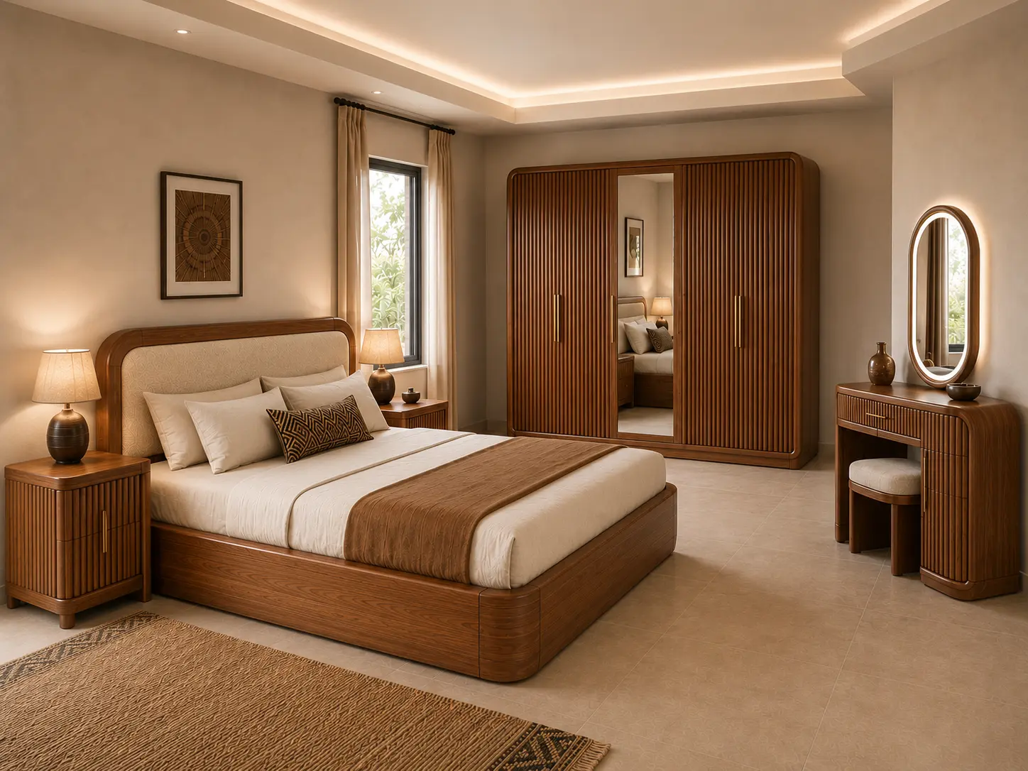 Chambre Harmonie Iroko avec lit complet, armoire rainurée et coiffeuse