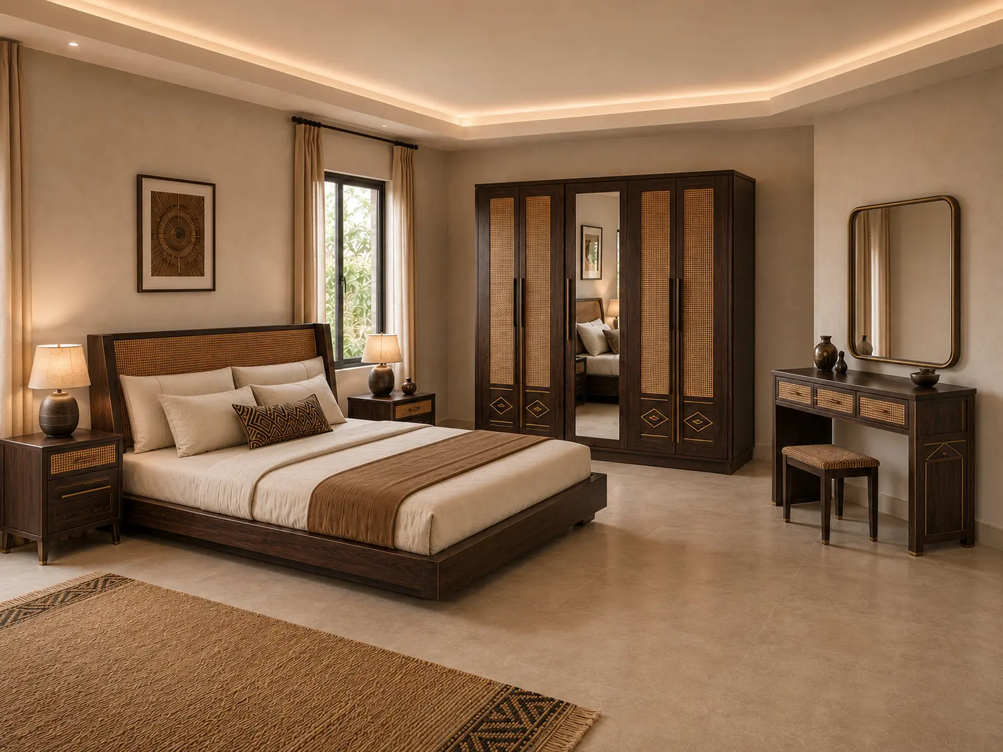 Ensemble Chambre Teranga Cannage avec lit, armoire et coiffeuse en bois