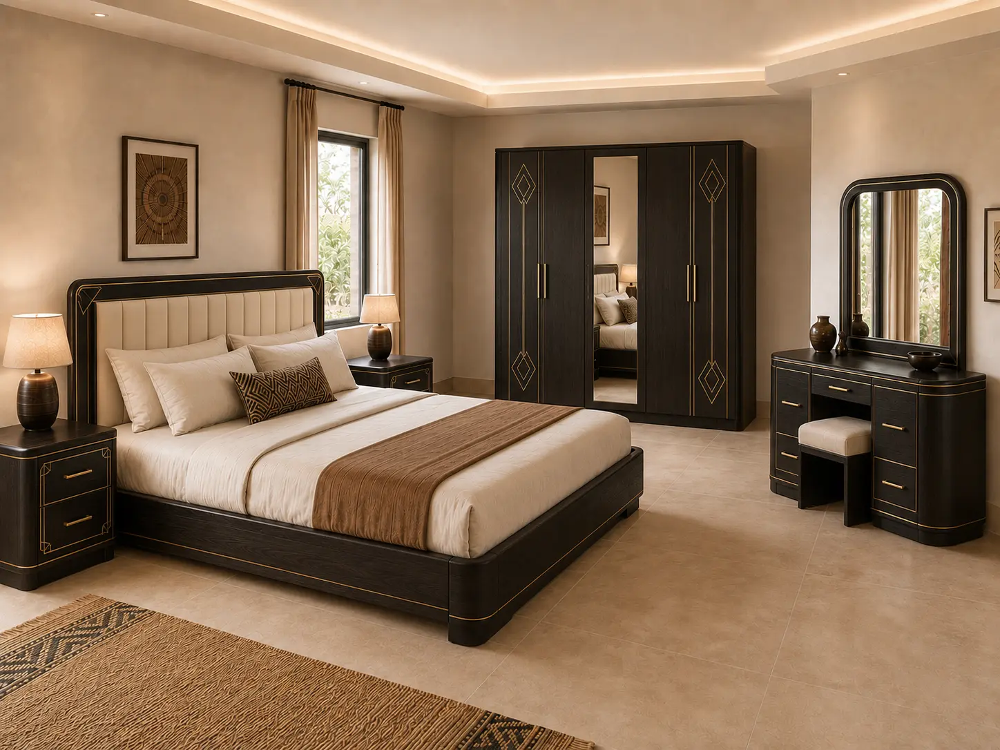 Suite Ébène Lumière avec lit complet, armoire et coiffeuse crème et dorée