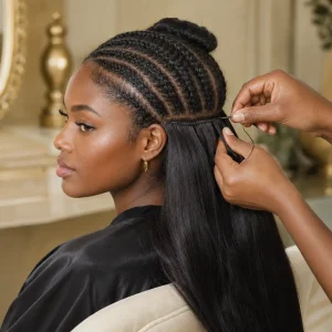 Prestation Greffage Signature Lisse Soie sur femme africaine
