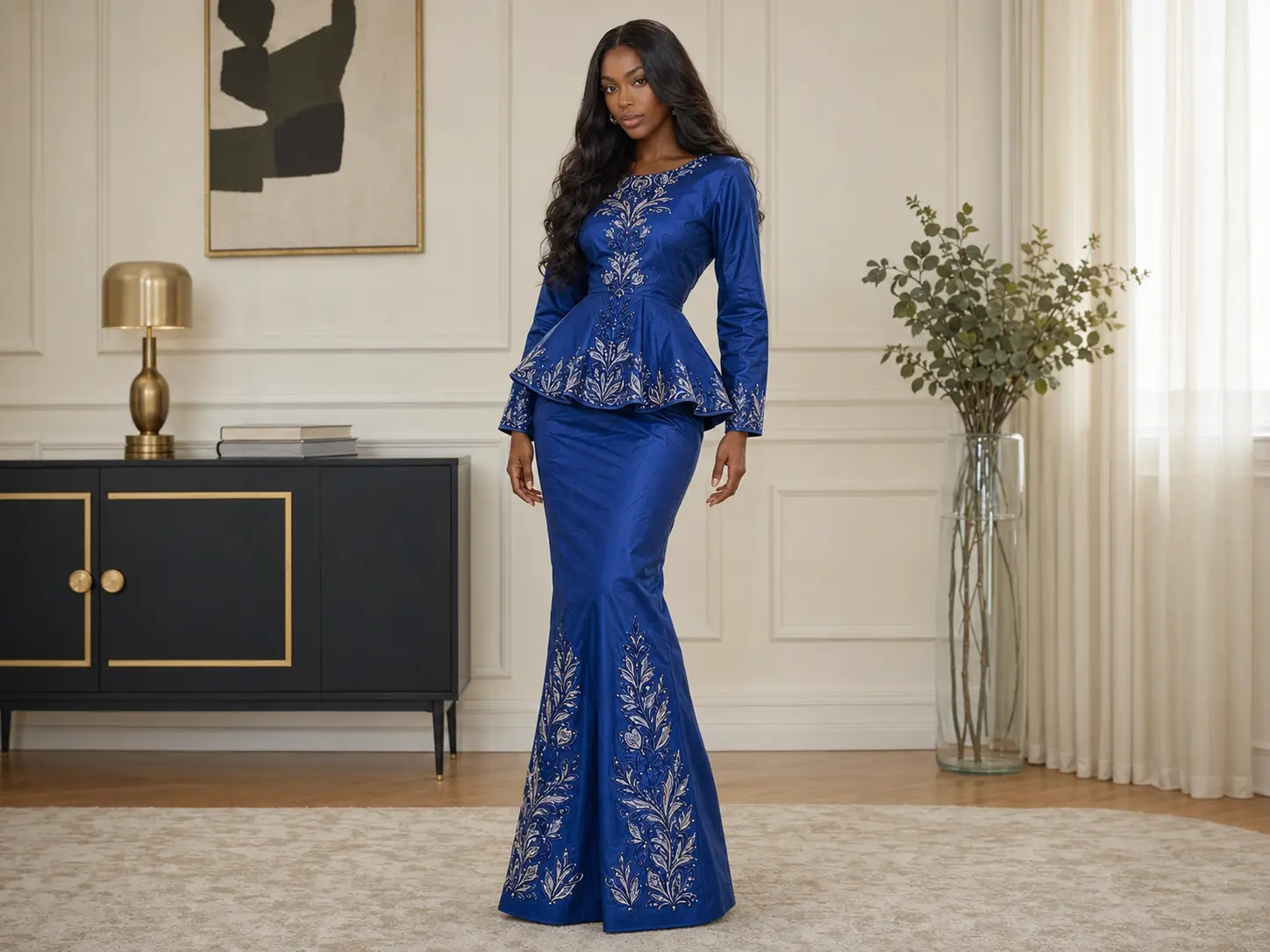 Ensemble africain en bazin bleu royal avec broderies