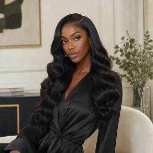 Perruque Body Wave Ébène noire et ondulée sur femme africaine