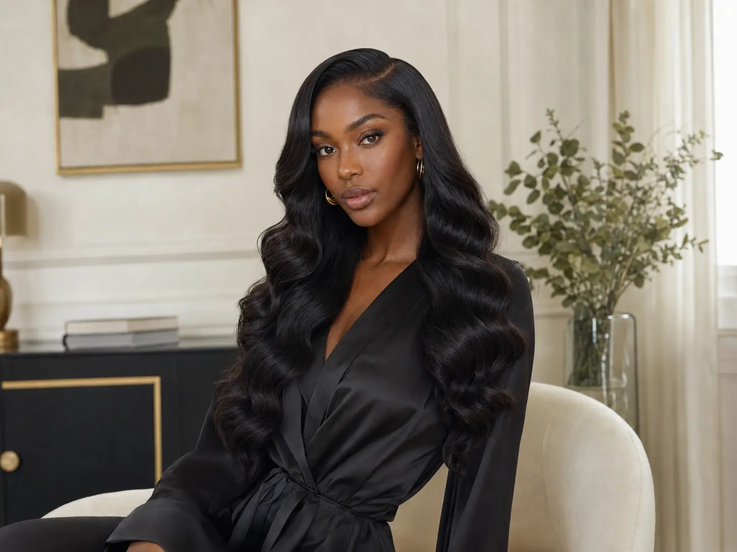 Perruque Body Wave Ébène noire et ondulée sur femme africaine