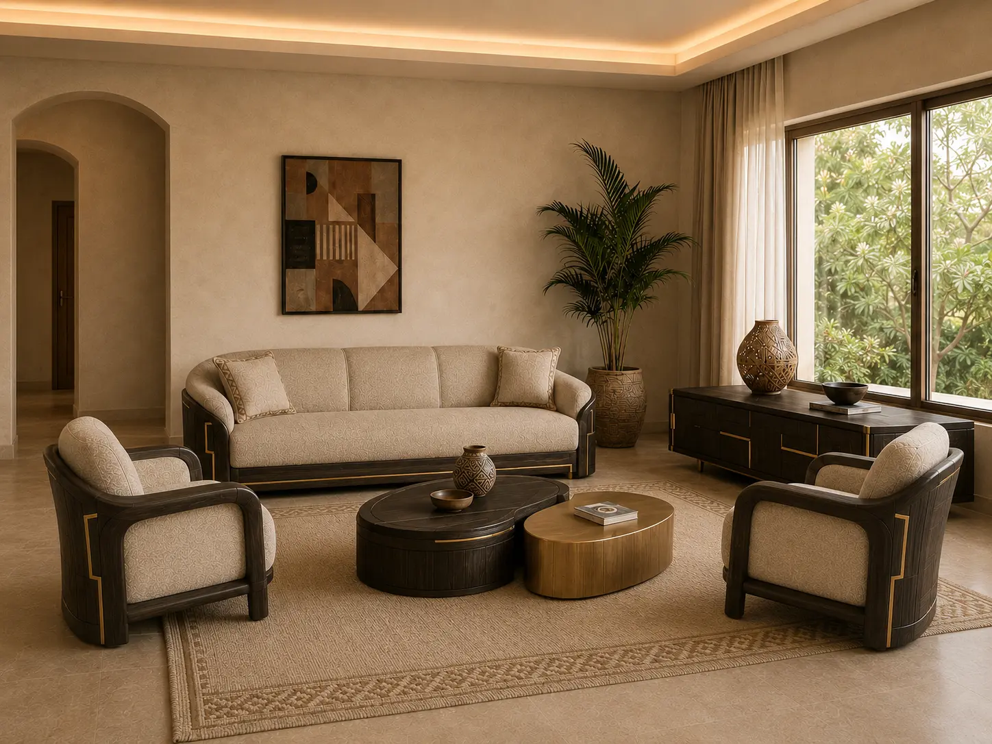 Salon Ébène des Sables avec assises beige, bois foncé et détails dorés