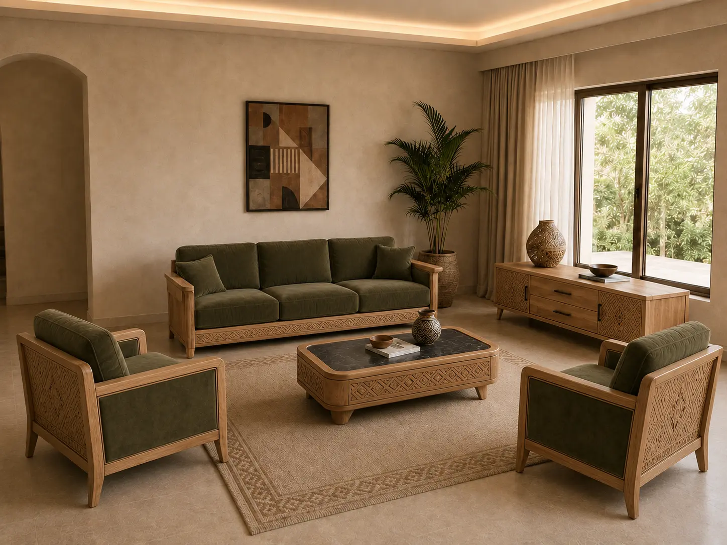 Salon Casamance Olive en teck avec assises vert olive et décoration africaine
